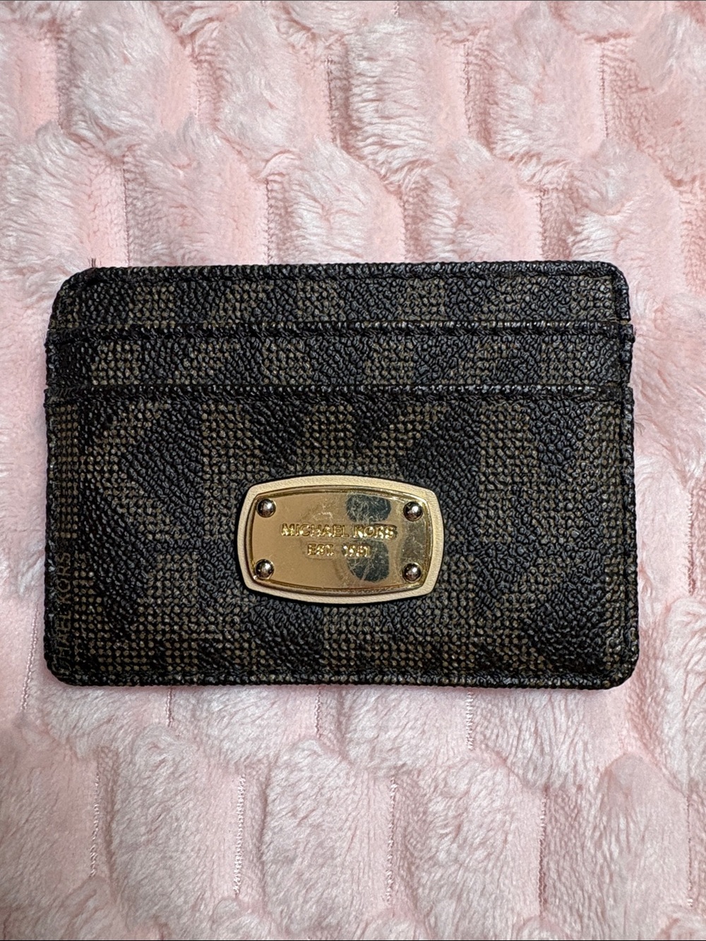 Michael Kors Brown/Black Signature Card Holder with Gold Plaque